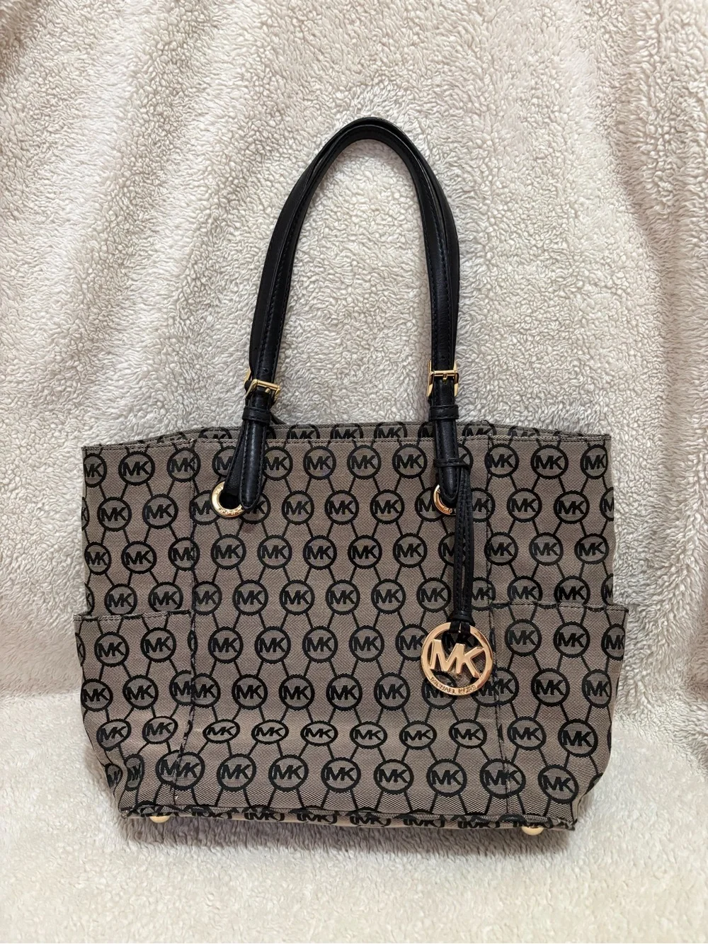 Michael Kors Beige and Black MK Logo Tote with Gold Charm